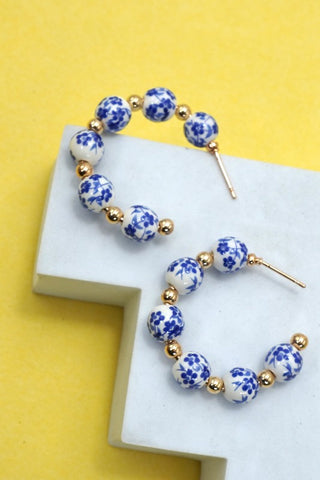 Blue ceramic porcelain hoop earrings-Sandi's Styles