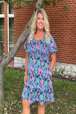 Black floral print smock dress-Sandi's Styles