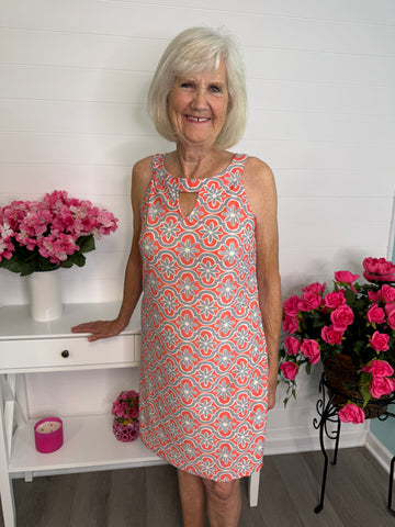 Grey and Coral Medallion Print Dress
