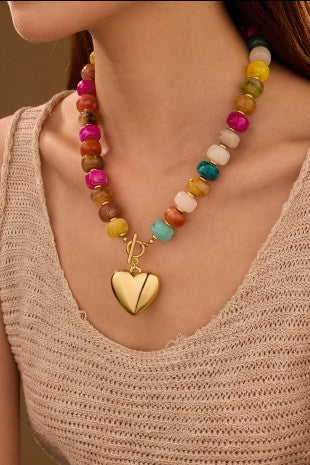 Multi Beaded Heart Charm Necklace