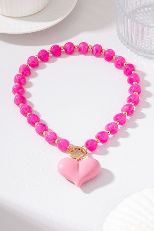 Beaded pink heart necklace