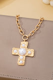 Hammered pearl cross necklace