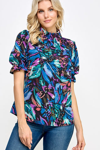 Blue and Black Floral Print Top-Sandi's Styles