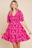 Fall Hot Pink Floral Print Dress-Sandi's Styles