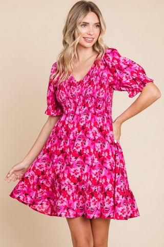 Fall Hot Pink Floral Print Dress-Sandi's Styles