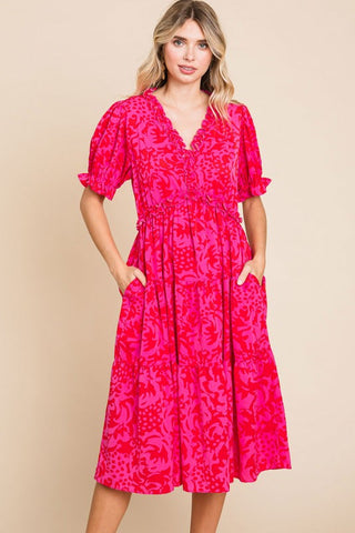 Hot Pink and Coral Midi Dress-Sandi's Styles