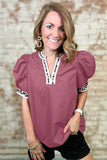Berry Top With Leopard Print Trim-Sandi's Styles